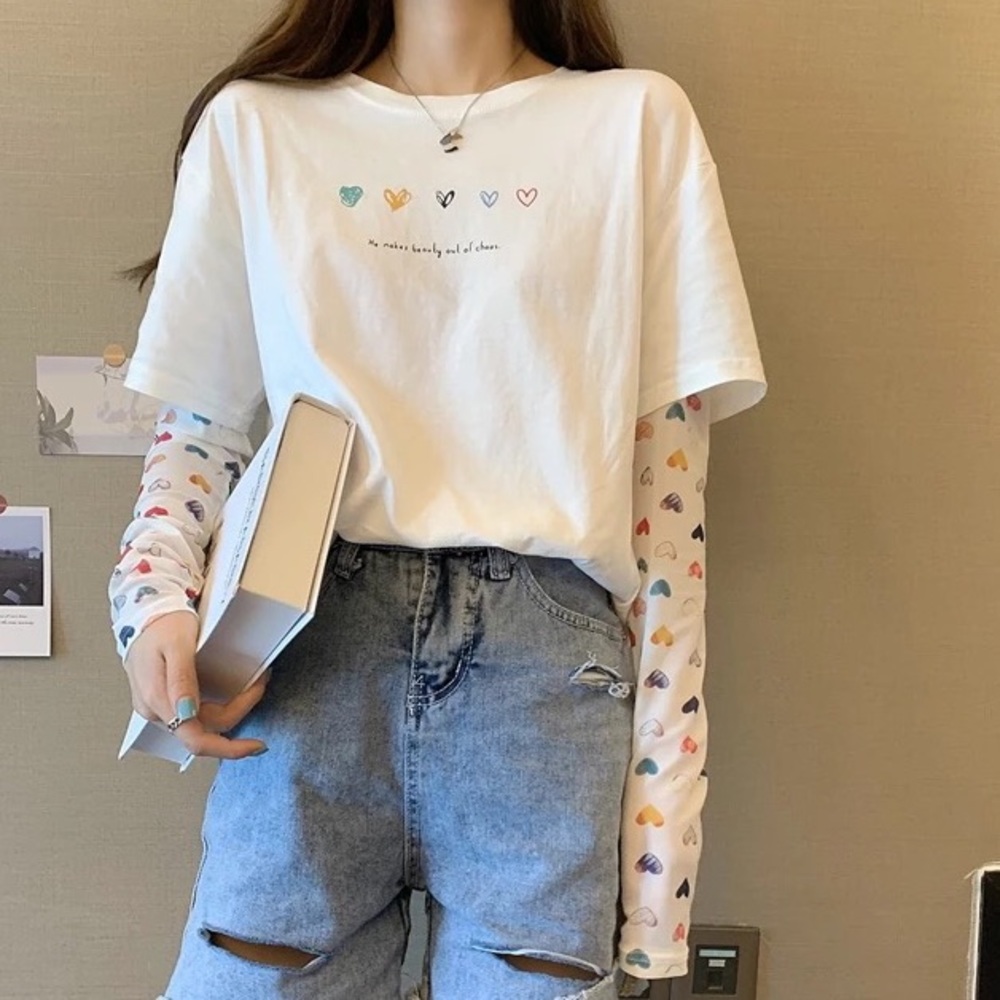 Shirt tshirt heart white top women’s cute long sl - Picture 8 of 8